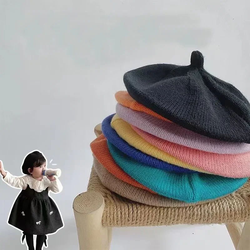 Fashion Autumn Winter Kids Knitted Baby Beret Warm Soft Cap Cute Painter Hat Solid Daily Boys Girls Hat Children Accessories