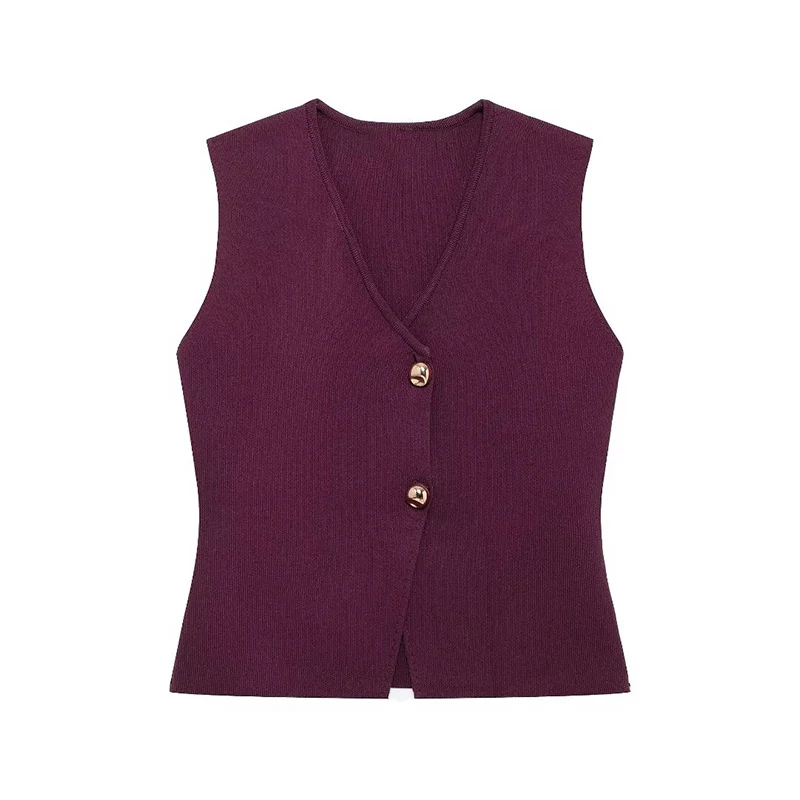 KUCLUT Women Fashion Chic Gold Button Plain Knit Vest Tops Female V-Neck Waistcoats Ladies Cusual Knitwear