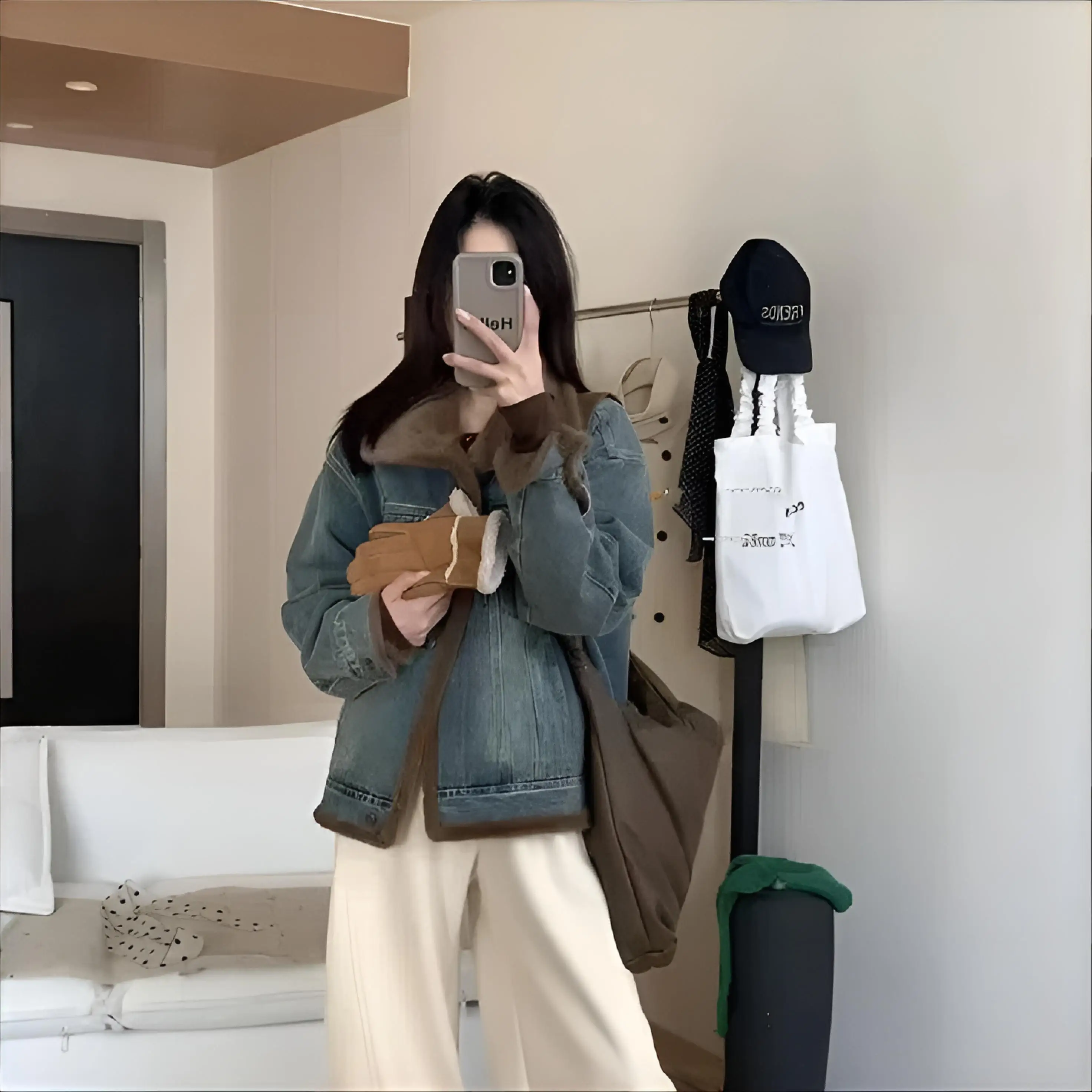 

Denim Coat With Real Sheep Lamp Winter Fur Plush Womens Autumn Anti-Wrinkle Slim-Fit Youth Academy Daily Commuting Breathable OL