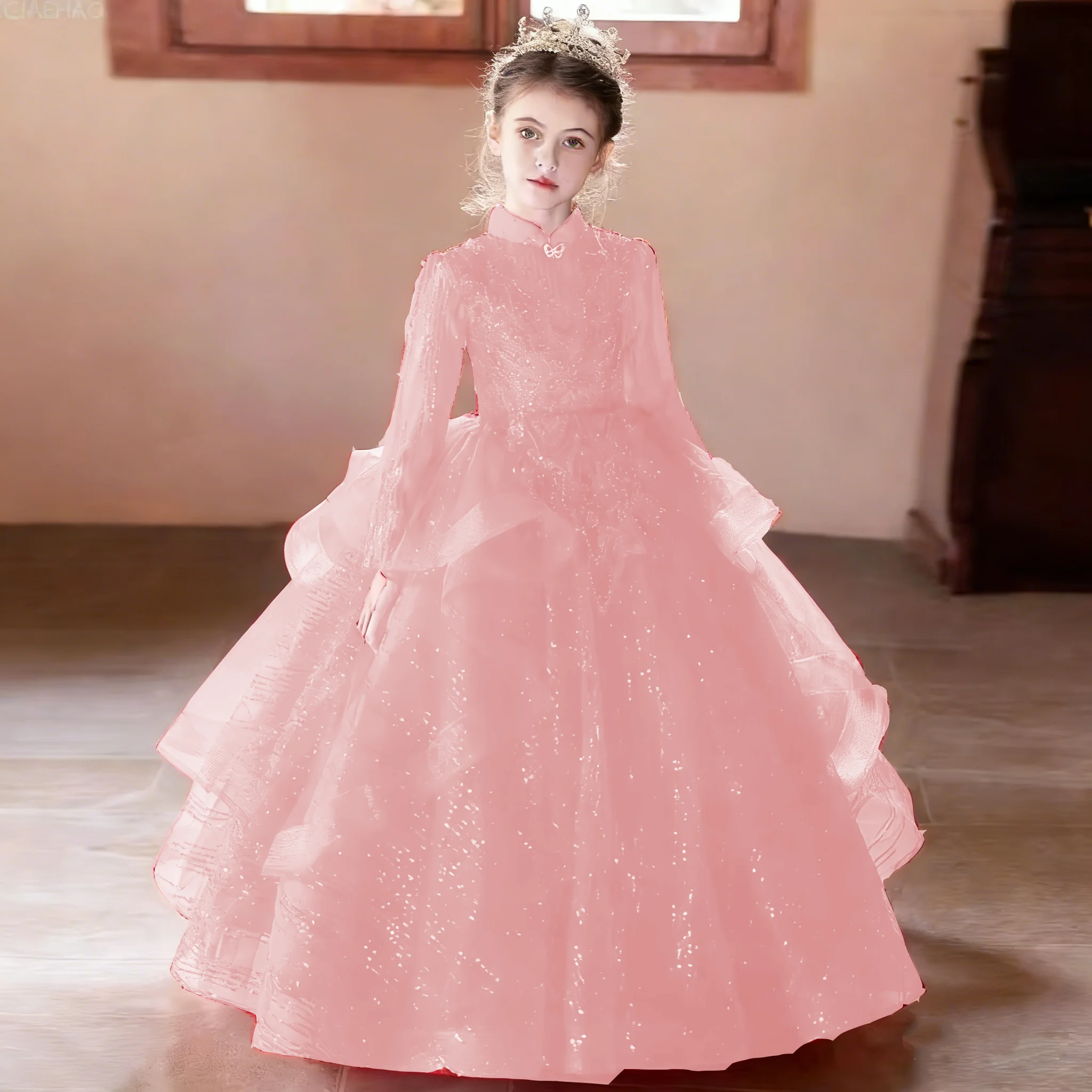 2026 Pink New Host Children Girls Piano Performance Gown Beauty Pageant Evening Costume Clothes Children Red Princess Ball Gown