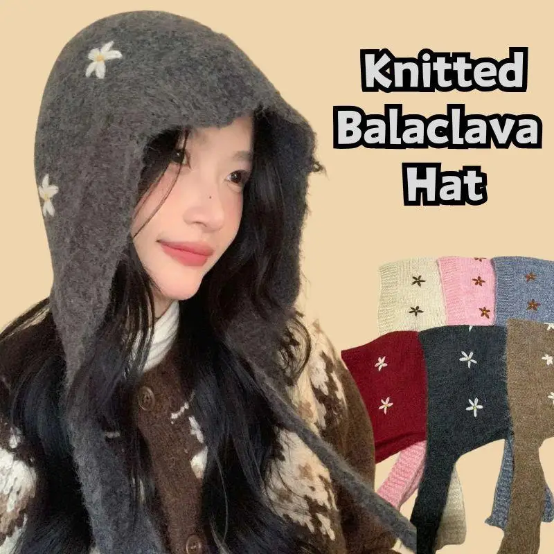 

New Cute Sweet Knitted Balaclava Hat Woolen Embroidered Flowers Neck Collar Beanies Cap Coldproof Female Pullover Cap
