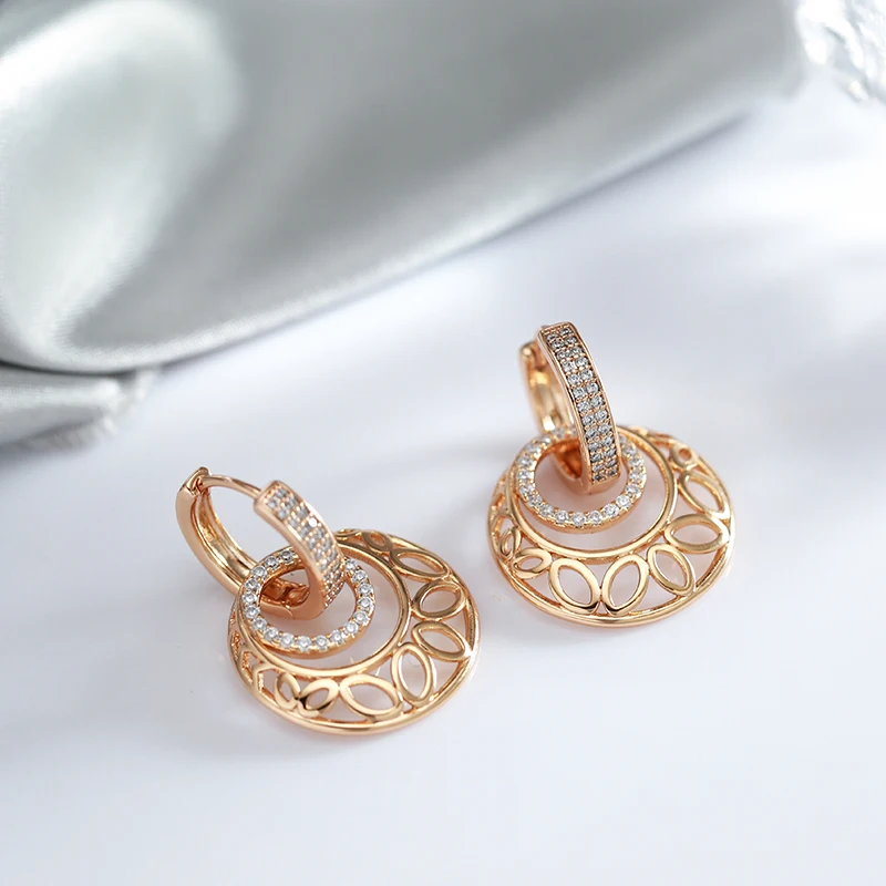 Kinel Luxury 585 Rose Gold Dangle Earrings for Women Unusual Metal Sculpture Flower Natural Zircon Wedding Fine Daily Jewelry