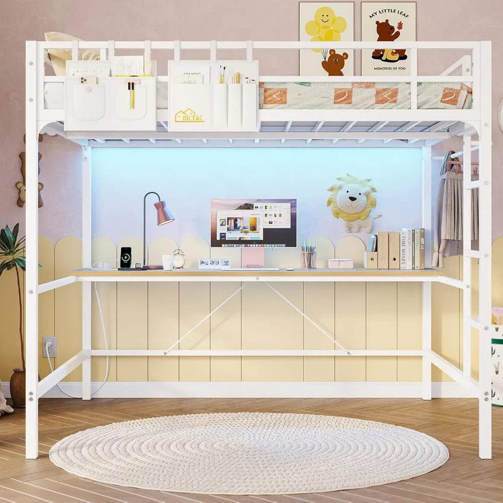 سرير علوي معدني كامل الحجم مع مكتب وأضواء LED ومخرج طاقة ومساحة تخزين للمراهقين والكبار