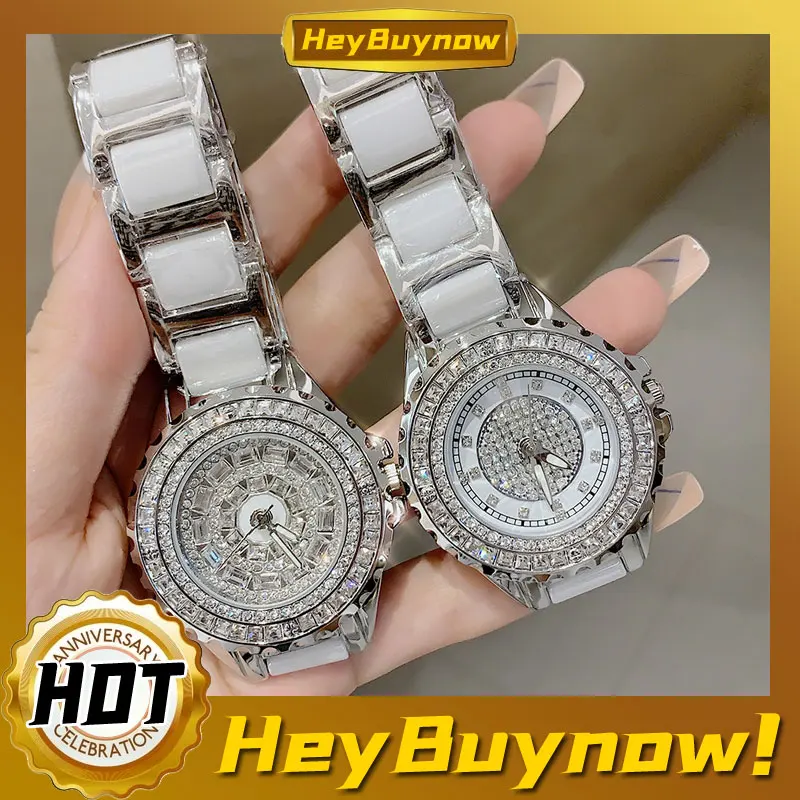 Hot Sale Large Dial Full Drill Heavy Exquisite Ceramic Watch Fashion Silver Waterproof Quartz Ladies Elegant Watch Gift Relogio