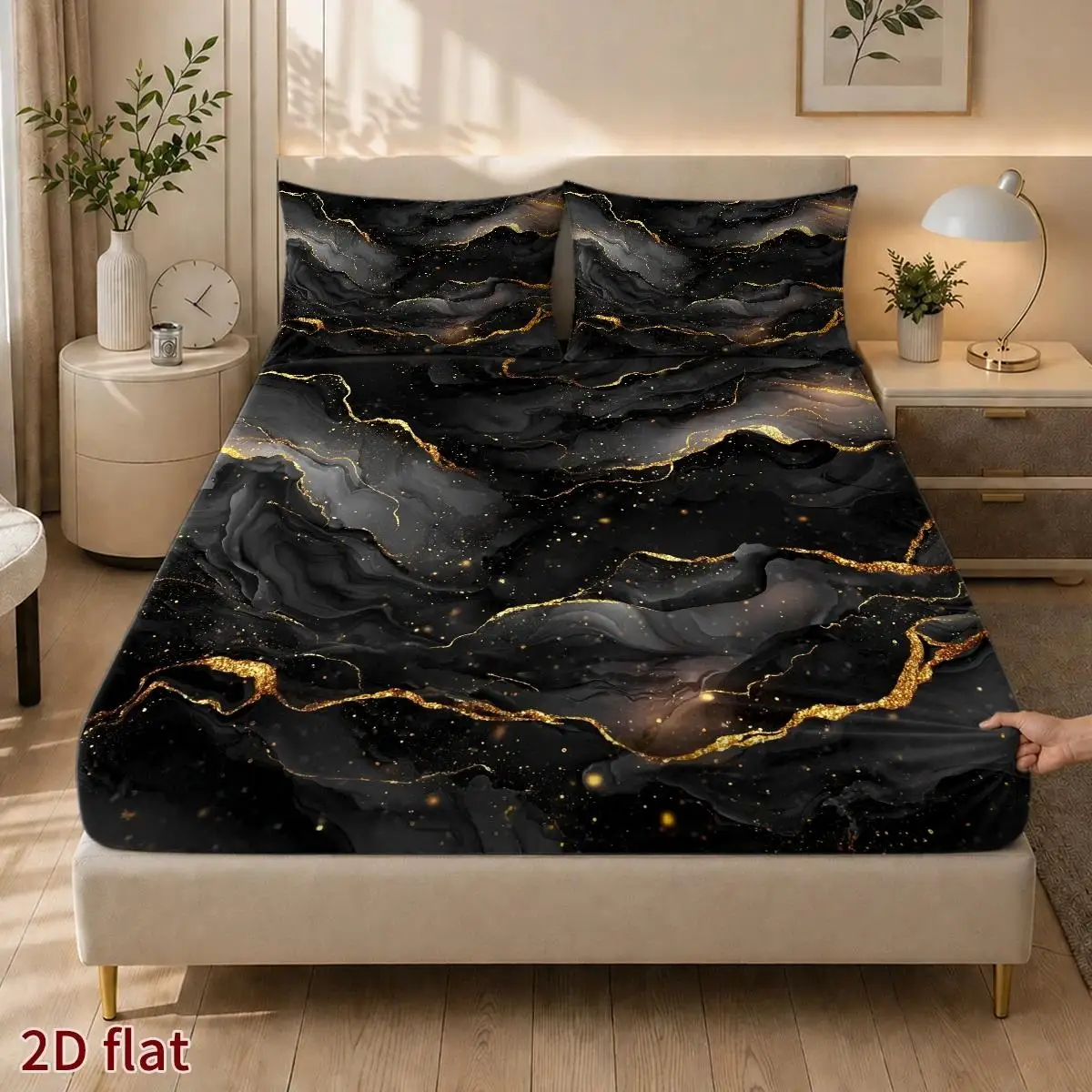 2D Digital Printed Three-Piece Bedding Set (Includes 1 Fitted Sheet + 2 Pillowcases) Mattress Protector, Fitted Elastic Style, Protective Cover, 2D Flat Priting, Mattress Protector, Starry Galaxy Swirl Pattern, Abstract Fluid Oil Painting Style, Halloween Party Night, Suitable for All Seasons, Machine Washable Design, Holiday Decoration, Various Sizes, Breathable Protective Cover Plus Pillowcase