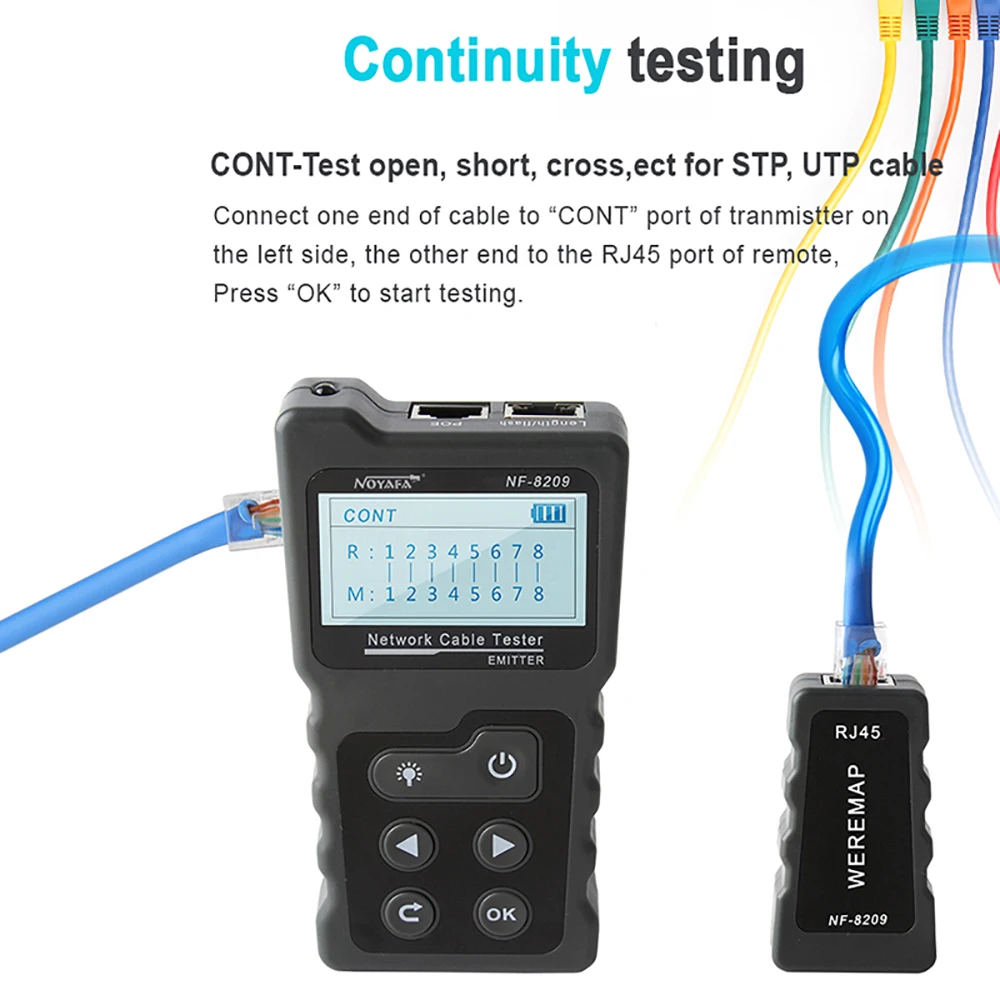 NOYAFA-probador de cables de NF-8209, herramienta de medición de longitud, Lan, POE, prueba de escaneo, pantalla LCD, comprobador de cables, mapa de