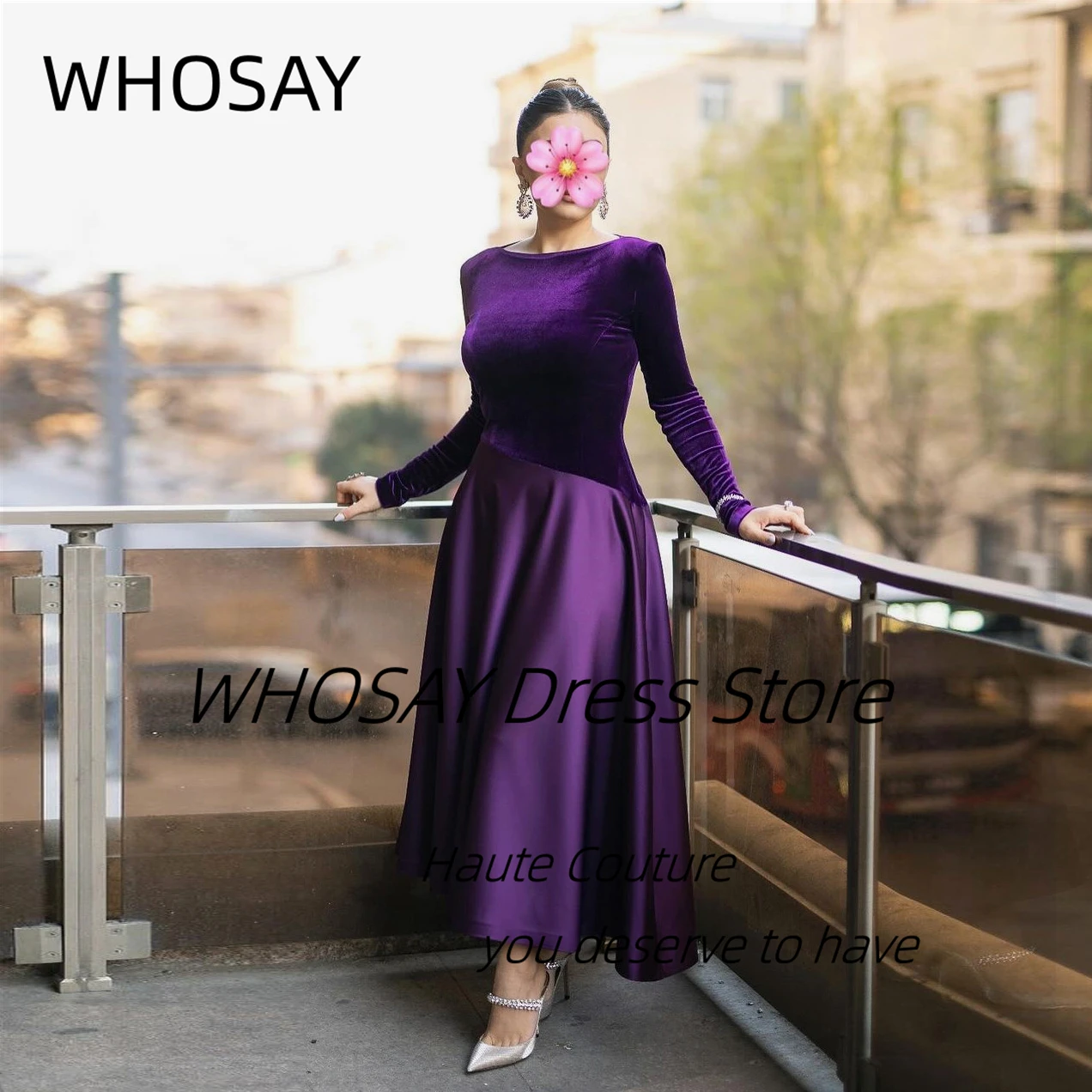 

WHOSAY Customized Evening Dresses Jewel Neck Long Sleeves Prom Dress Ankle Length Satin Saudi Arabia Women Vestidos Des Noches