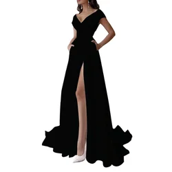 Elegant V-neck Solid Color High Slit Party Long Dresses Commuter Chest-wrapped Ruffled Maxi Dress Women's Formal Wear Vestidos