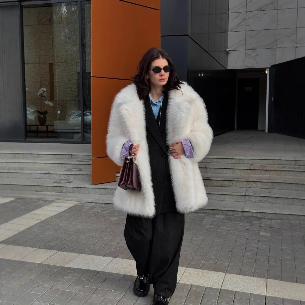 Damskie płaszcze z futra lisa, długi rękaw, grube, ciepłe kurtki, kołnierz, luźny krój, streetwear, łączony, elegancki płaszcz, jesień-zima