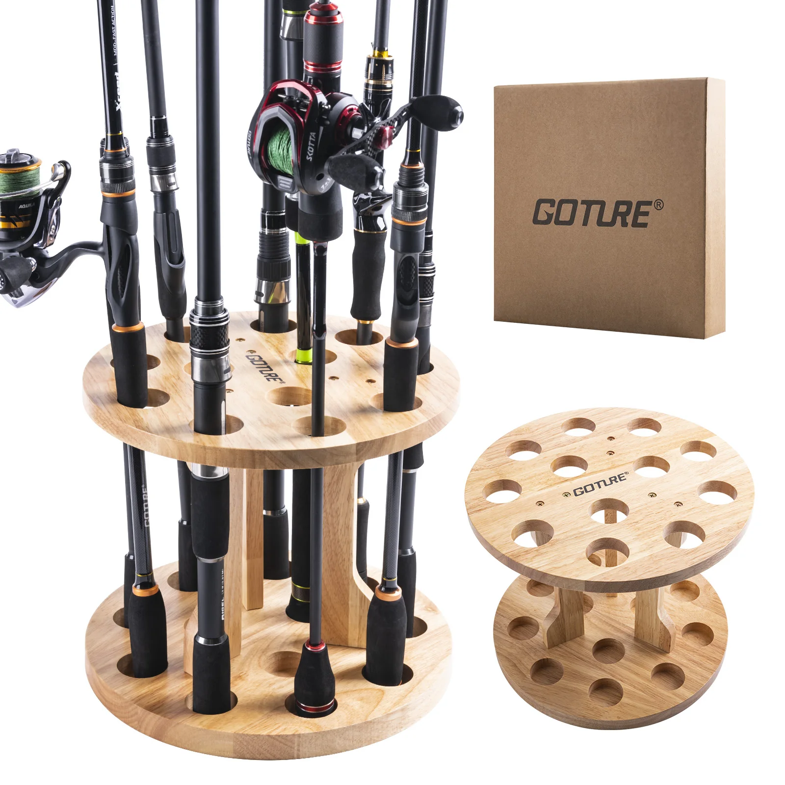 

Goture Durable Double Layer Wooden Fishing Rod Holder 12 Rod Storage Capacity for Garage Fishing Rod Display Stand Fixed Frame