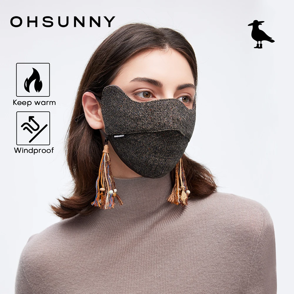 OhSunny Cubierta facial cálida de invierno, Máscara de borla retro Máscaras térmicas gruesas de peso ligero Forro agradable para la piel, UPF50 a prueba de viento al aire libre