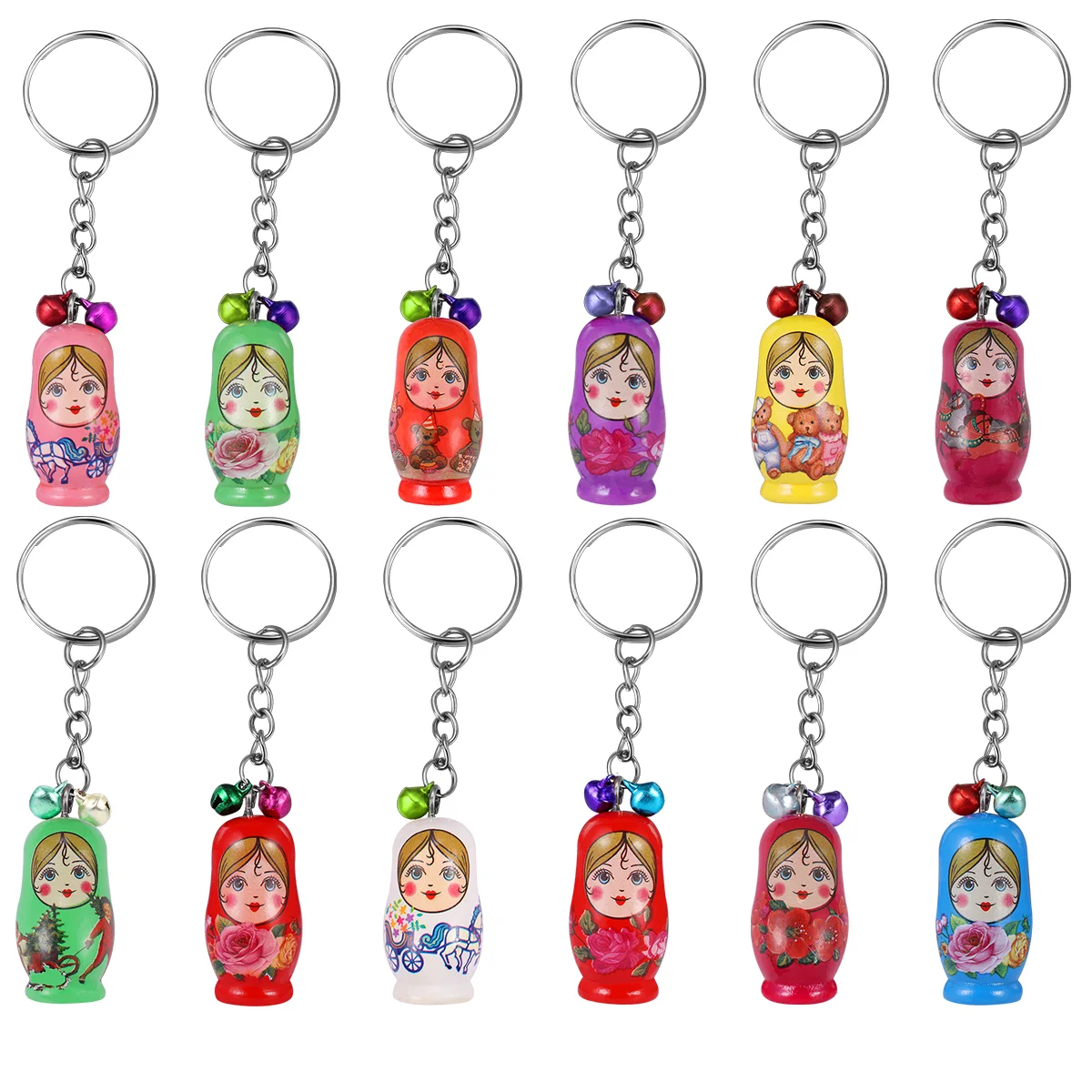 NUOLUX 12Pcs Creative Key Chains Wood Matryoshka Russian Dolls Key Rings Key Holders (Random Style) wooden keychain