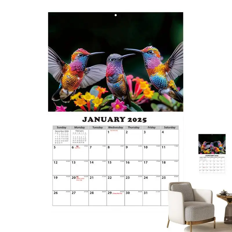 Calendrier mural imprimé colibri, décoration pour zone de travail, salon, 12 mois, 2025