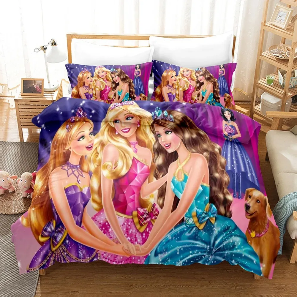 Barbie Pink Fashion 3 Pcs Bedding Set,Bed Cover King Size,Cute Digital Printing Cartoon Bed Cover,3D Children Bedding Set