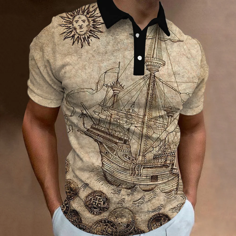 Camiseta polo vintage masculina, roupa de manga curta, estampa de vela, streetwear casual, tops grandes, moda verão