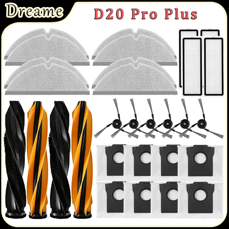 For Dreame D20 Pro Plus Robot Vacuum Accessories:Main Brush HEPA Filters Mop Pads Dust Bag Side Brush Replacement Parts