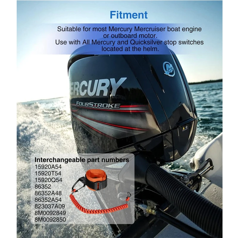 TWindsor-8M0092850 Lanière de sécurité pour interrupteur d'arrêt de bateau, cordon adapté au moteur hors-bord Mercury Mercruiser 15920T54, 15920A54