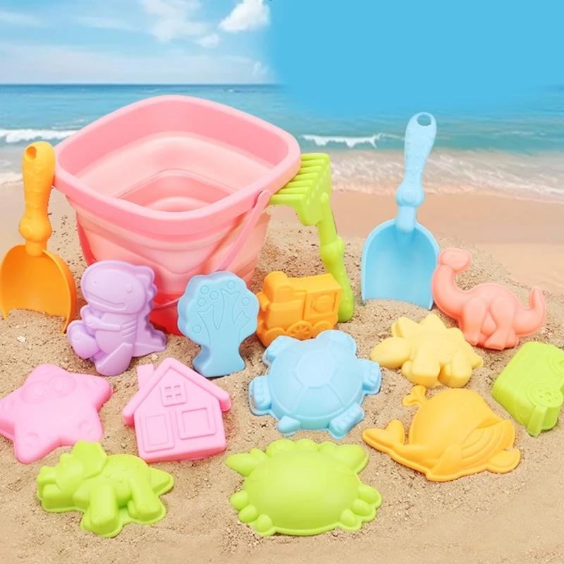 Kids Beach Toy Sand Castle Sculpture Mold Water Play Foldable Sand Bucket Toy