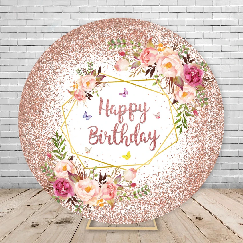 Adult Happy Birthday Round Backdrop Cover White Gold Glitter Balloon Circle Photography Background Baby Shower Kids Photo Studio