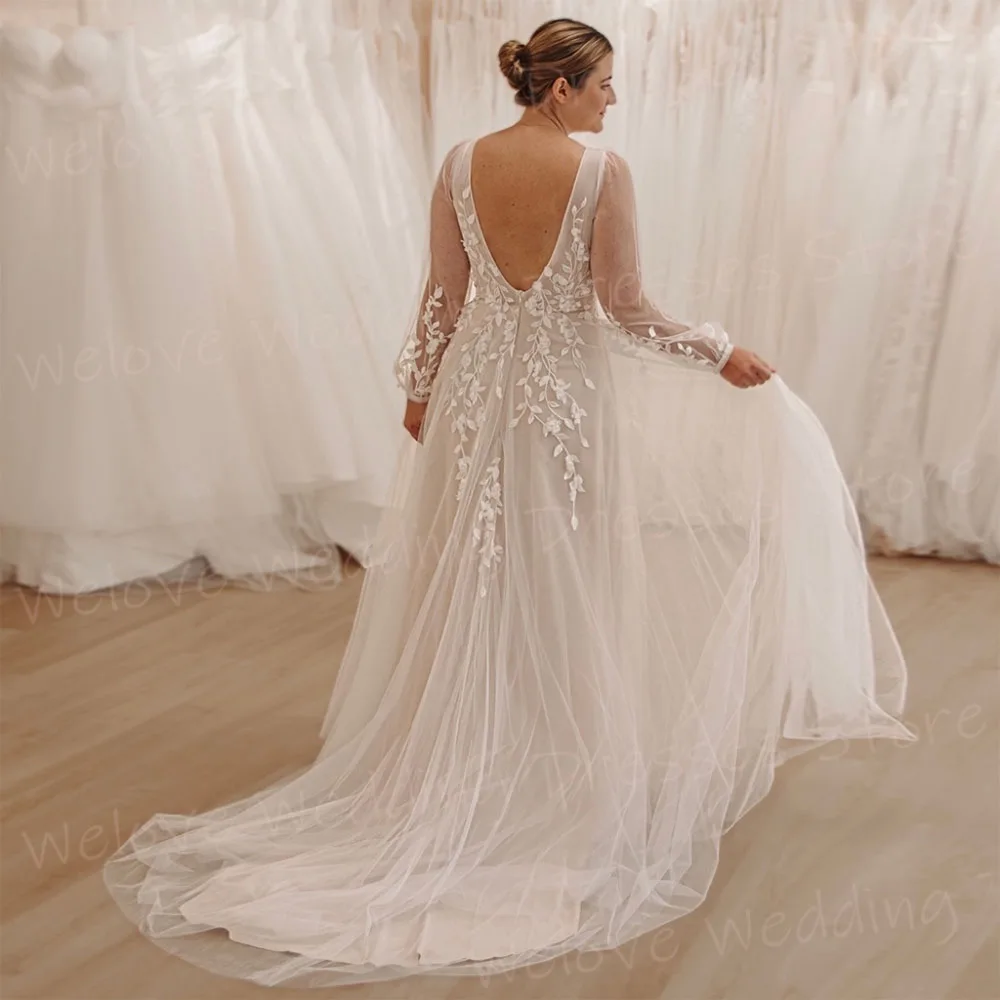 Vestidos de Novia elegantes de línea A para mujer, Vestidos de Novia de encaje con apliques, cuello en V, manga larga, sin espalda, personalizados, Novias Boda