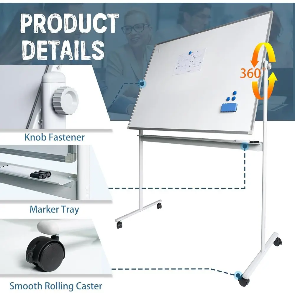 سبورة بيضاء مزدوجة الوظائف مقاس 48 × 36 مع سطح مغناطيسي و4 عجلات، وحامل مخطط قابل للطي، والمسح الجاف ولوحة الإعلانات