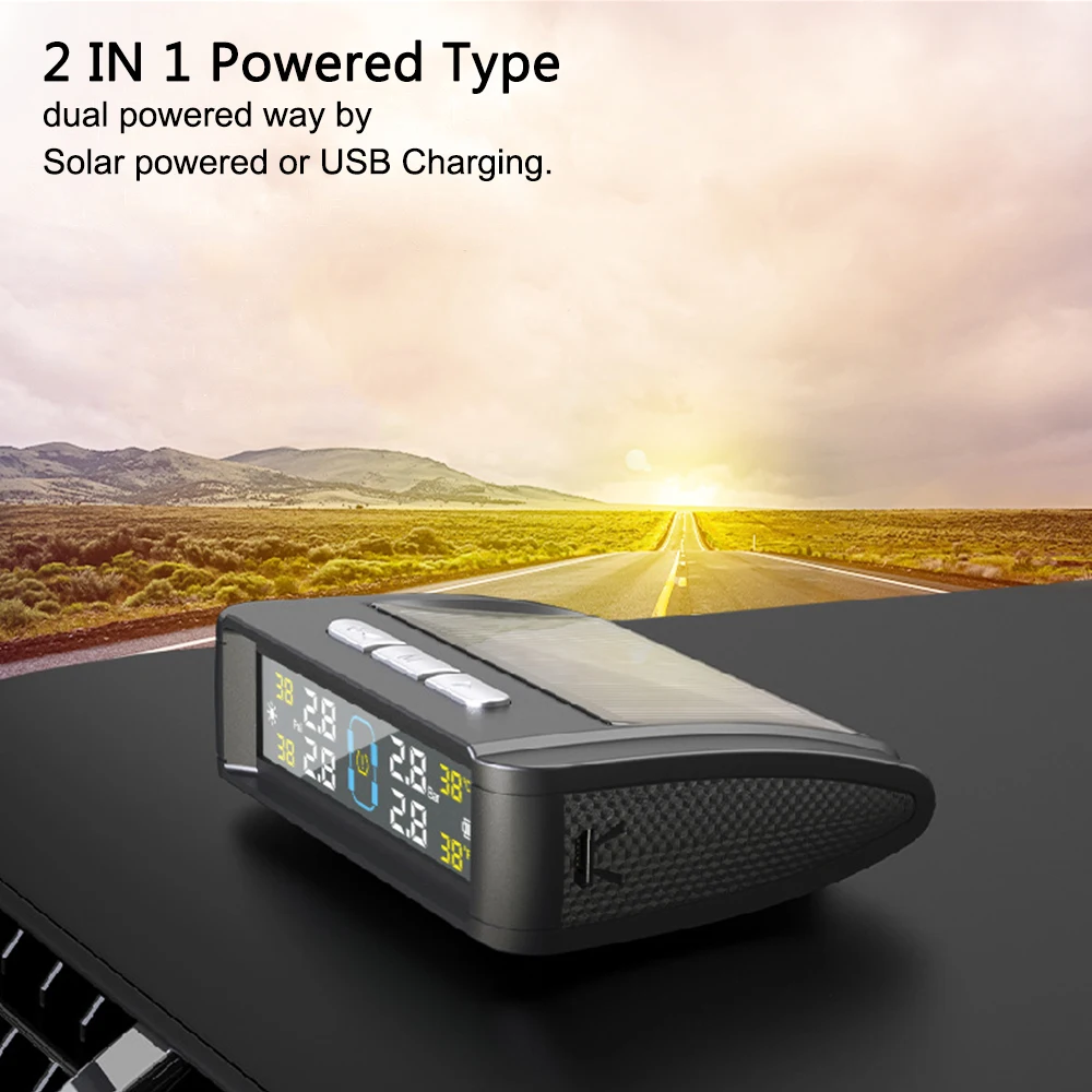 Tire Pressure Monitoring System Auto Security Alarm Systems Solar/USB Powered Tyre Temperature Monitor Car TPMS 4 Sensors