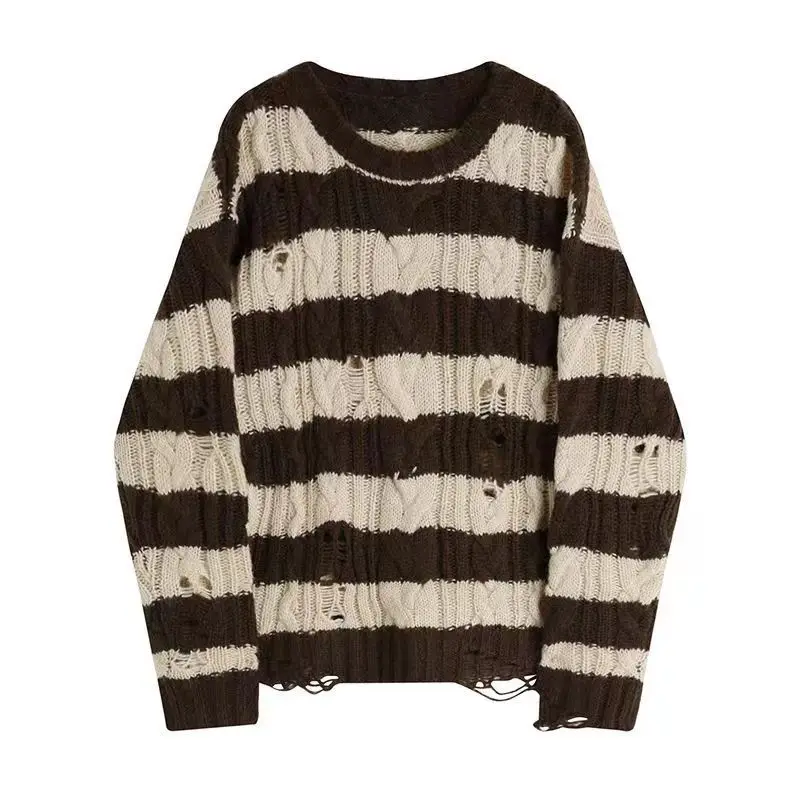 Perforated Fried Dough Twists Stripe Long Sleeve Sweater Women's Early Autumn 2024 New Design Loose Mid Length Slouchy Top