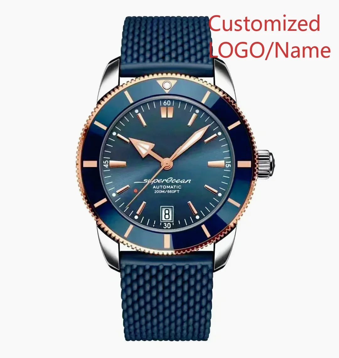 A1212 Store Customized Watches 46mm Sport Automatic Mechanical Watch for Men, Rose Gold Case, Black and Blue Rubber Strap view 4