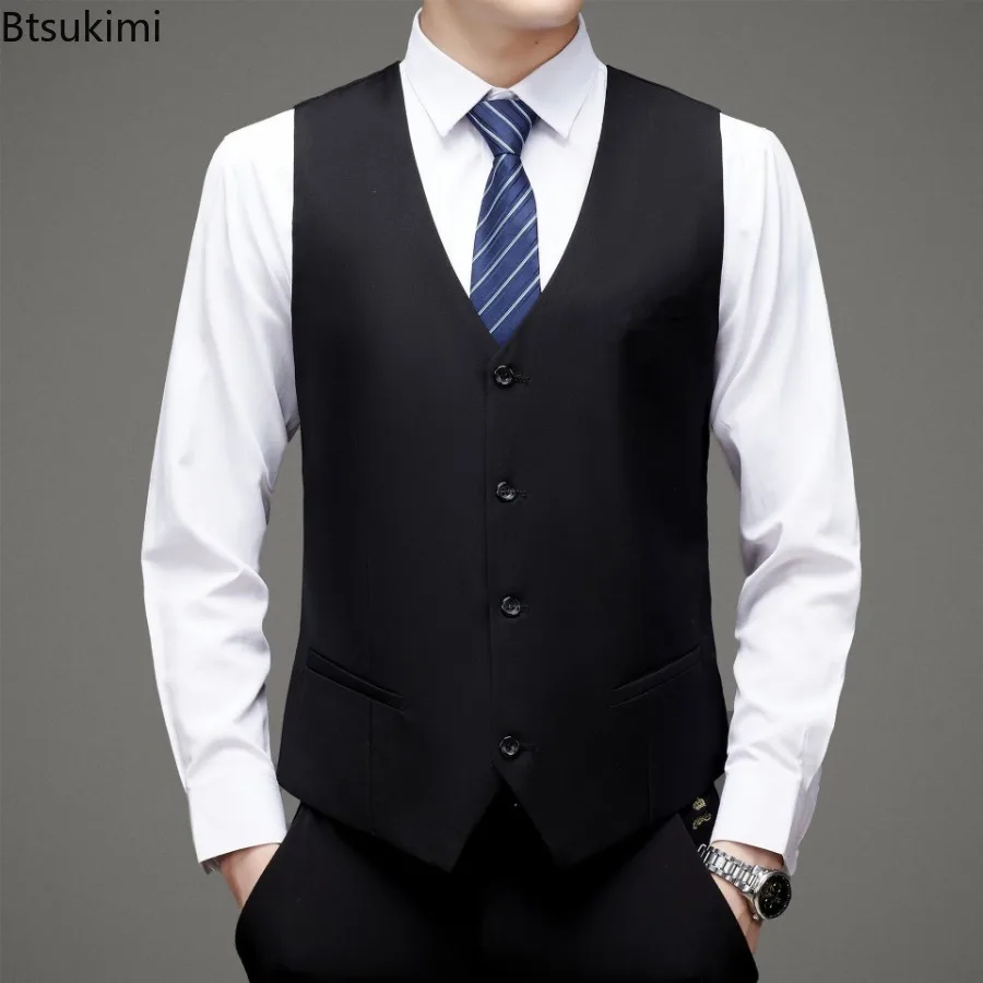 

2025 New Men Fashion Suit Single Breasted Vest Solid Slim Fit V-neck Sleeveless Waistcoat Men Formal Business Wedding Dress Vest