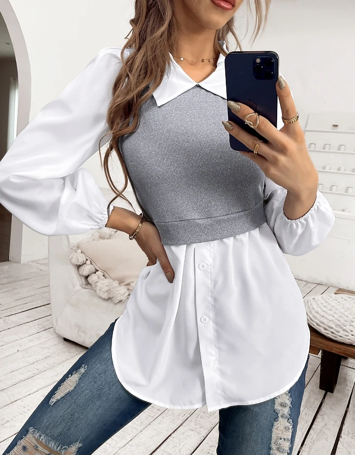 Shenzhen Eastern Girls 2024 Temperament Commuting Vacation Two Piece Collar Long Sleeved Button Up Shirt T-Shirt In Stock