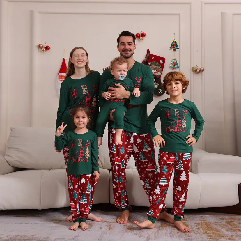 Xmas Gift Family Matching Pajamas Christmas Tree Print Top+Pants 2 Pieces Suit Sleepwear Parent‑Child 2 Pcs Pyjamas Set Holiday