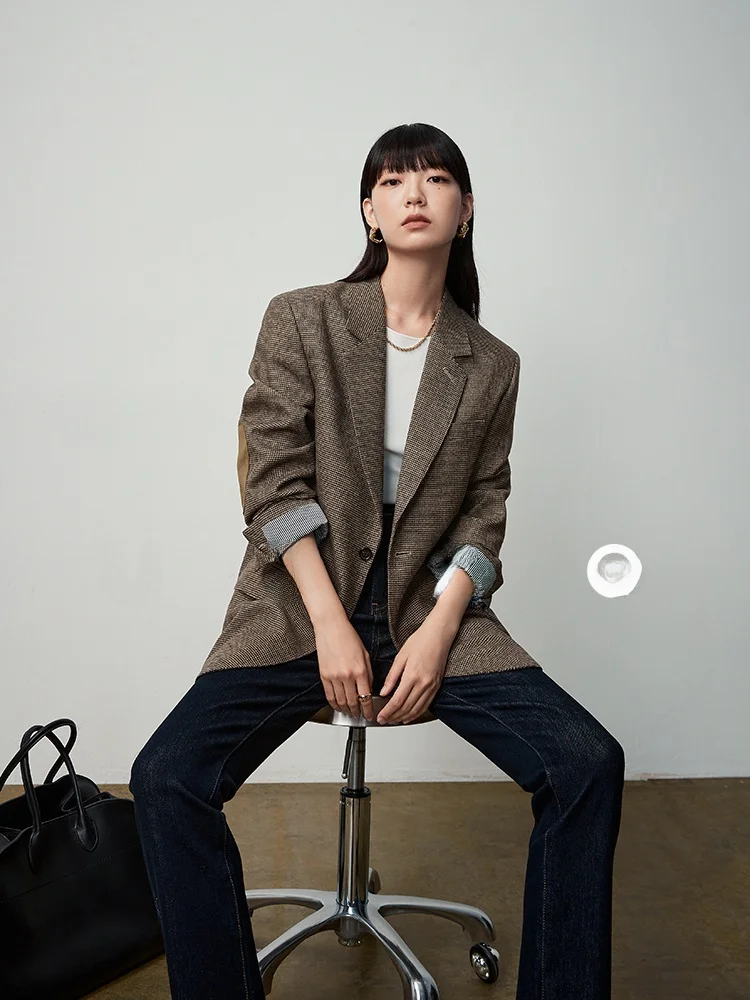 

Классический шерстяной пиджак Cleanfit с двойным цветовым блоком для стильных женщин, подходит для работы и повседневной носки.