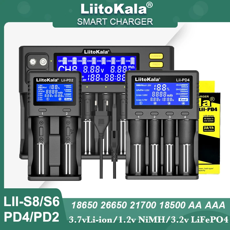 LiitoKala oryginalny Lii-PD4 PD2 lii-S6 S8 inteligentna ładowarka do akumulatora dla 3.7v 1.2v NiMH 3.2v Li FePO4 18650 26650 21700 18500 AA AAA