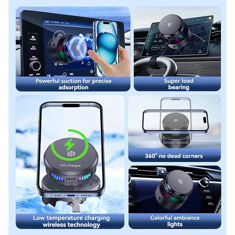 360 °   Вращающийся автомобильный держатель Vacum в автомобиле, беспроводное зарядное устройство 15 Вт, охлаждение для iPhone, Samsung, магнитная автомобильная подставка с GPS, держатель для телефона