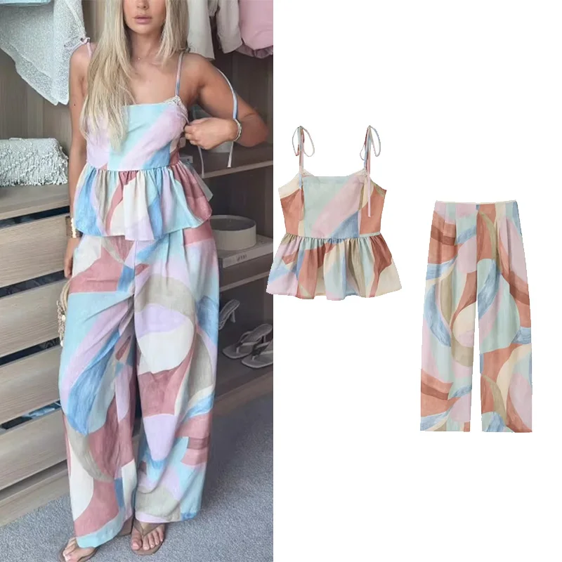 Conjunto de Pantalones Estampados para Mujer 2026, Nuevo Conjunto de 2 Piezas con Encaje, Tirantes Sexys, Top con Cordones y Pantalones Anchos de Cintura Media, Moda Casual Femenina