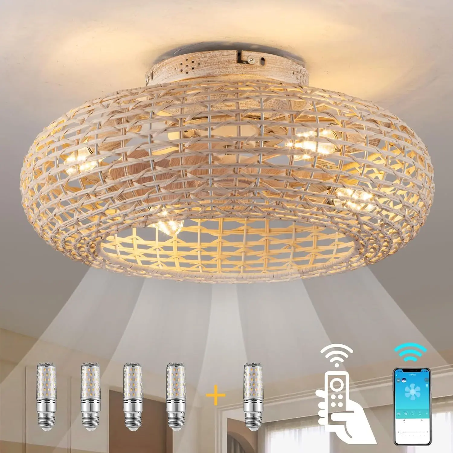 New American style bamboo woven ceiling fan lamp living room bedroom lamp invisible cage style restaurant bamboo art fan lamp