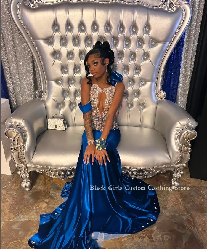 Gorgeous Diamond Mermaid Prom Dress 2024 Luxury Royal Blue Sheer Mesh African Evening Black Girls Birthday Party hochzeitskleid