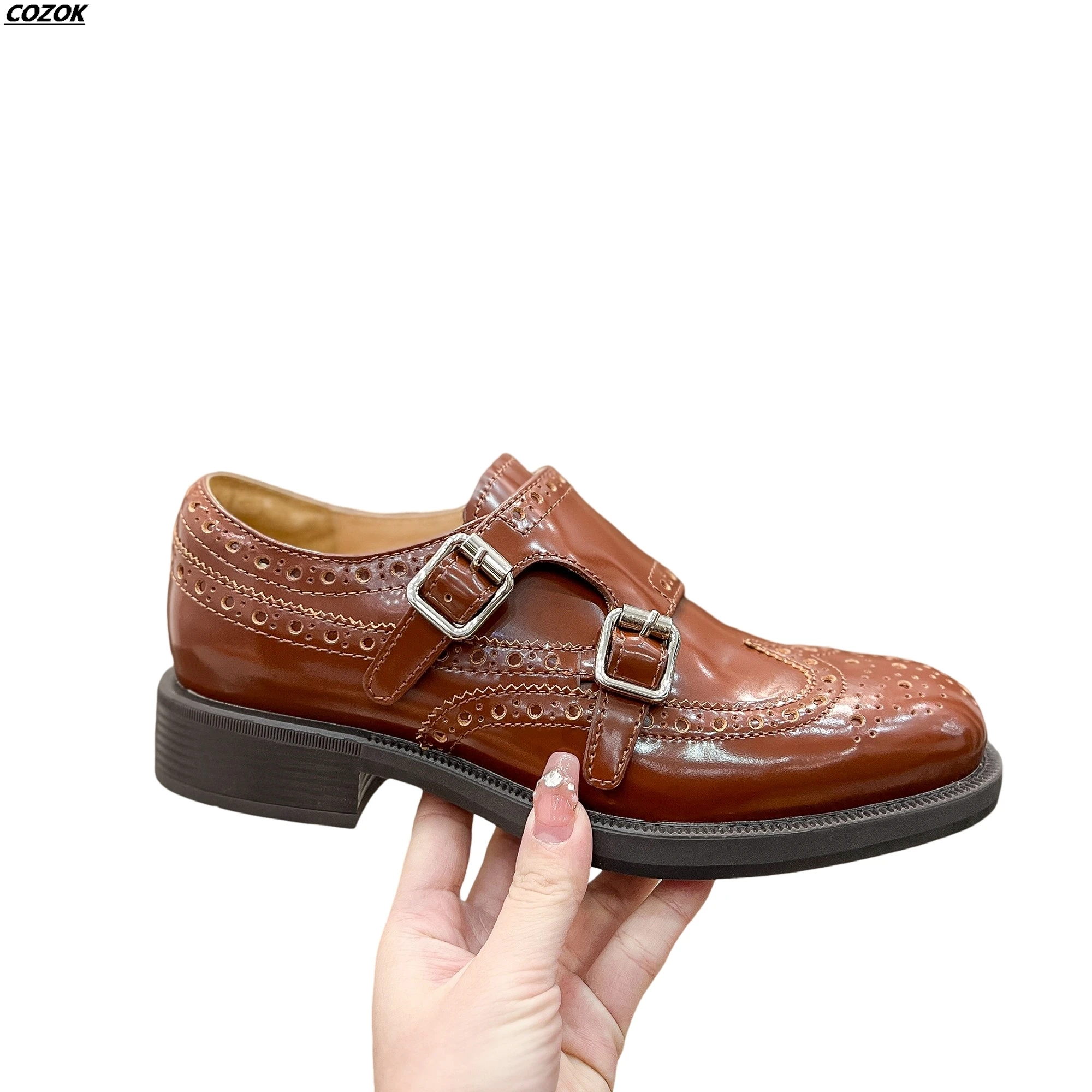 Full hand made 3.5cm heels  sheepskin shoe cushion with cowhide upper women calfskin genuine leather Buckle strap brogue style