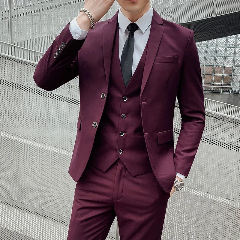 High-quality Men\'s Solid Color Suit (suit + Vest + Trousers) The New Fashion and Handsome Banquet Smart Casual 3 2 Piece Set