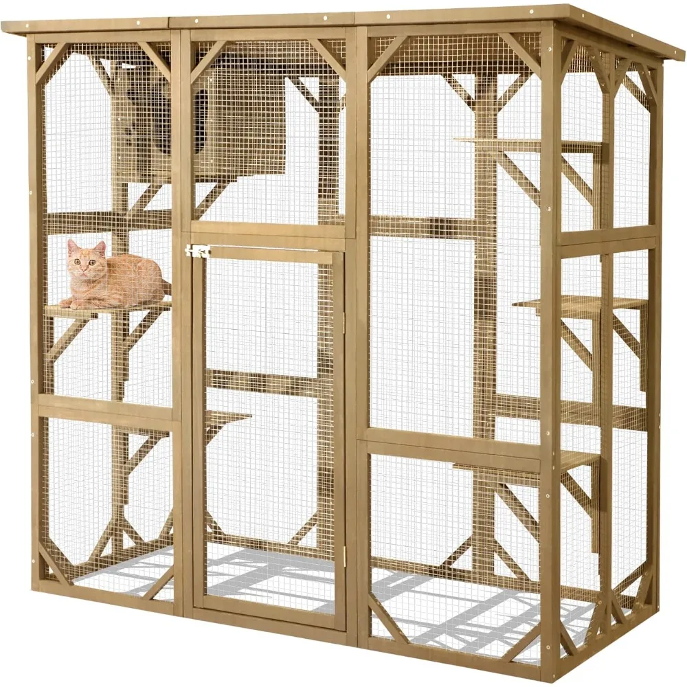 

Outdoor Wooden Cat Fence with Weatherproof Run and Jumping Platform for Playing, Patio Cats, Large Entrance