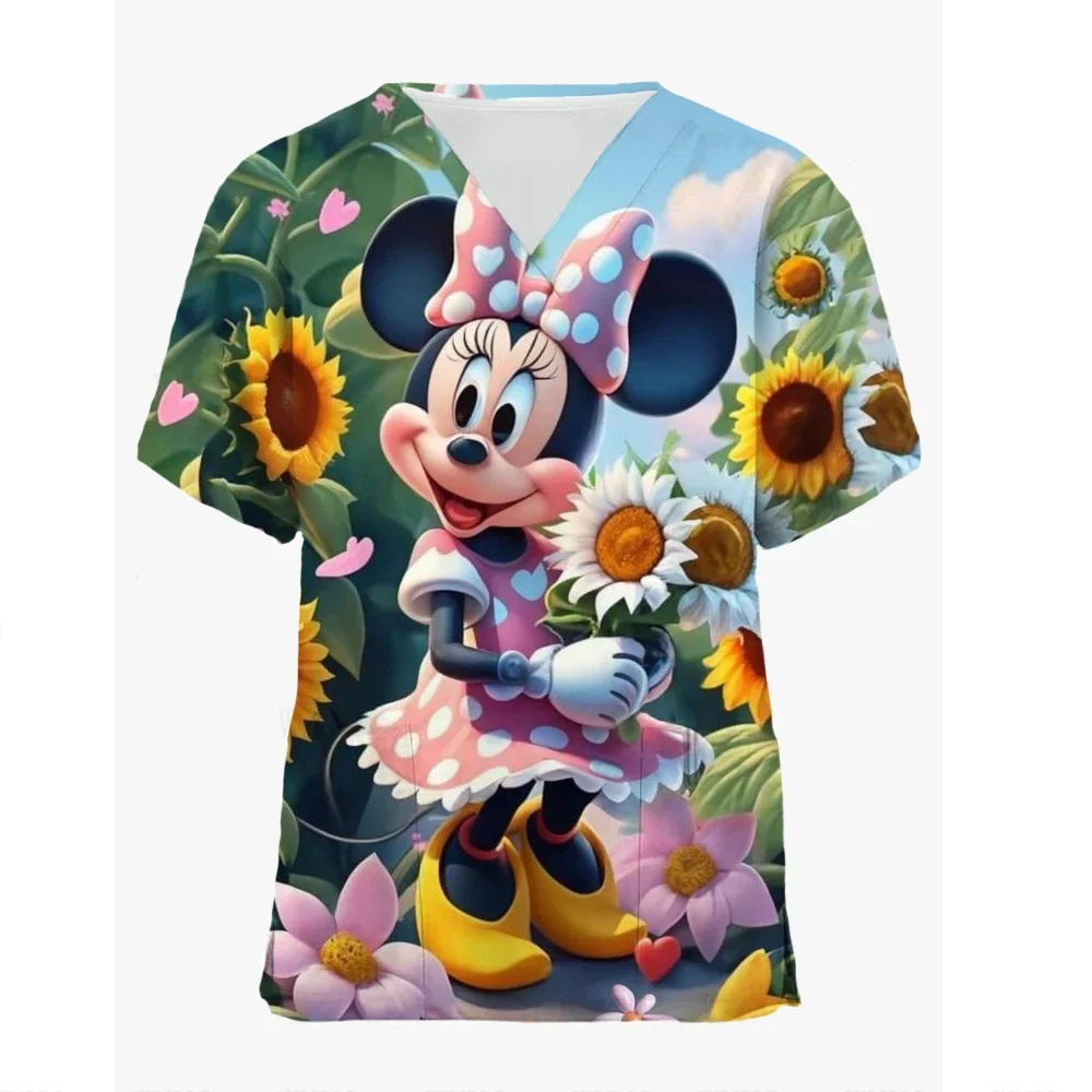 Disney Minnie Bow Print Womens T-Shirts Medical Nursing Uniform Stretch V-Neck Short Sleeve T Shirt Tops With Pocket Women\'s Top