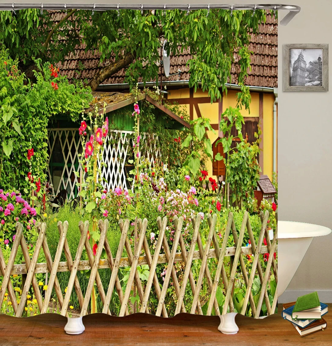 Rustic Shower Curtain Doors of An Old Rock House with French Frame Details in Countryside European Past Fabric Bathroom