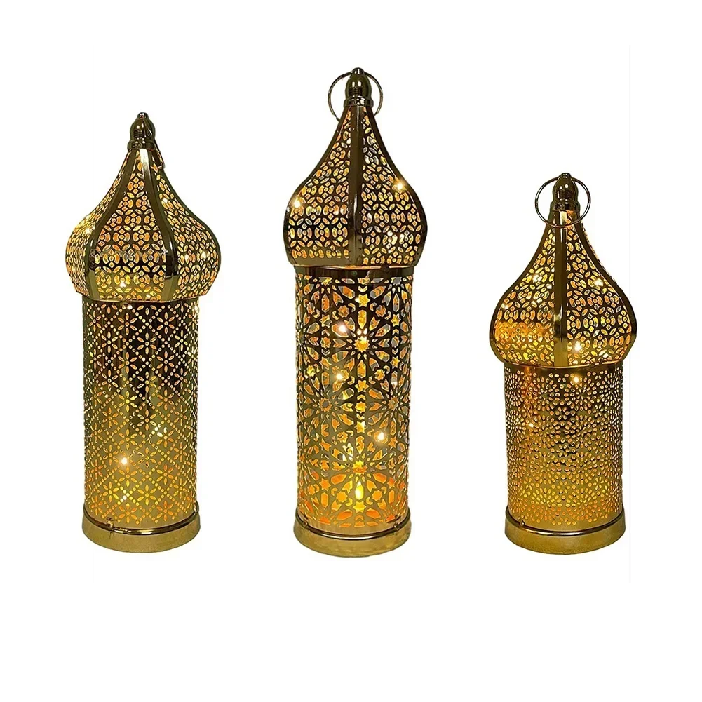 1pc Moroccan Golden Hollow Iron Lantern Ramadan Party Wedding Light Ornaments Vintage Ramadan Home Decoration Crafts Decor