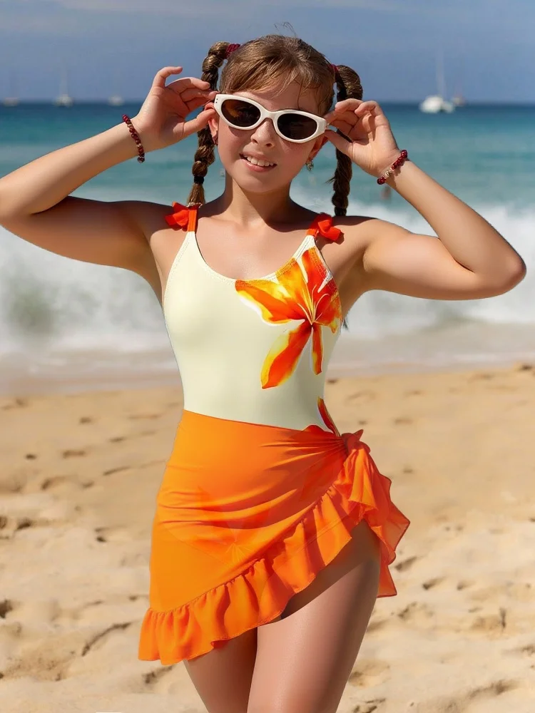 

One Piece Girls Kids Swimsuit 2026 New Solid Flowers Ruffle Sling Children Swimwear Summer Mesh Beachwear Cover Up Bathing Suits
