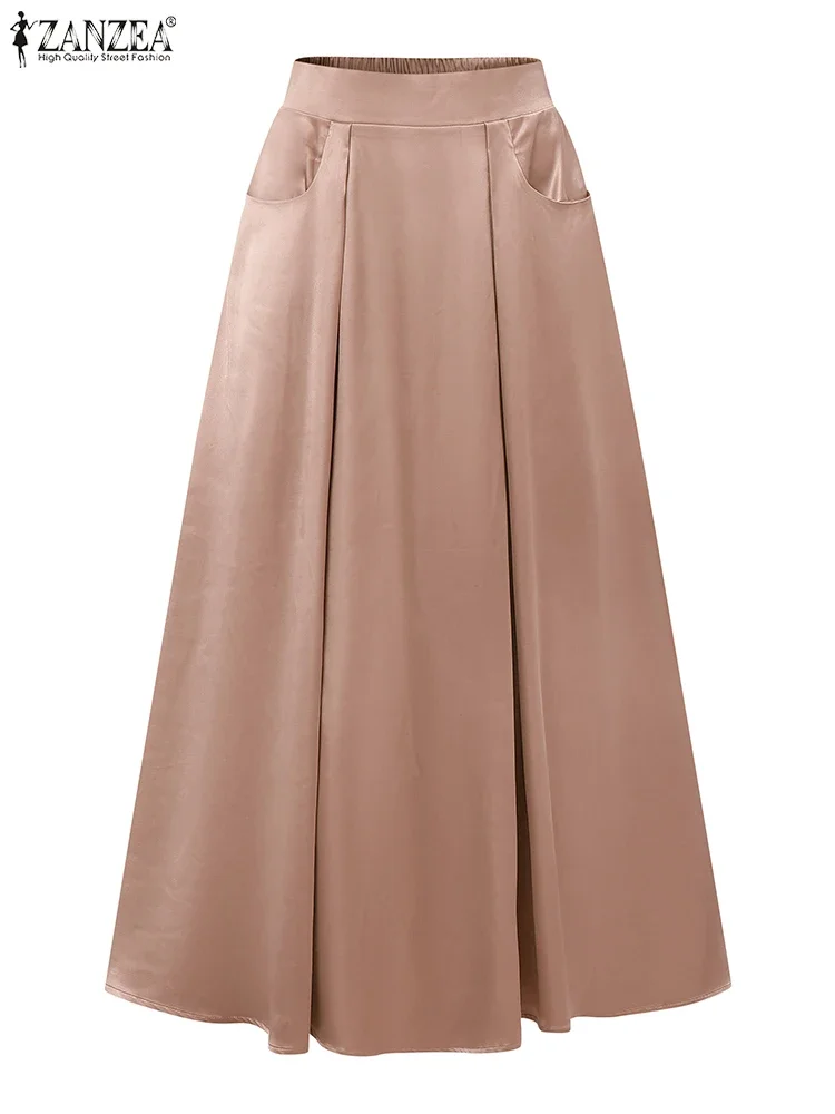 Fashion Women High Waist Party Skirt 2025 ZANZEA Summer Satin Jupe Elegant A-line OL Work Faldas Saia Stylish Maxi Long Skirts