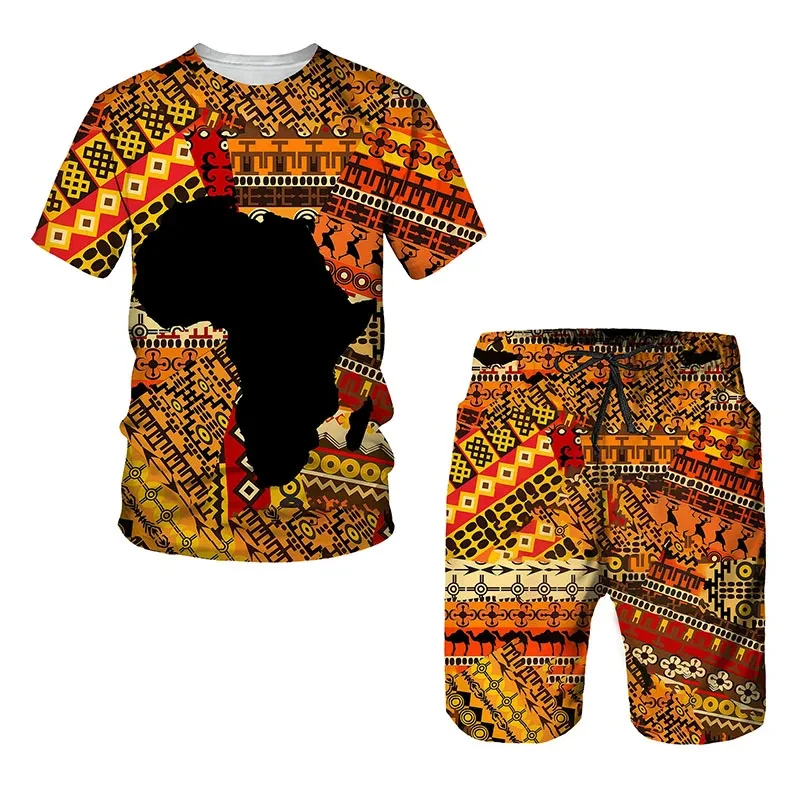 Men's Africa Dashiki Print Shorts 2Pcs Sets Vintage 3D Print Two Piece Suit O-neck T shirt Women Fashion Sweatshirt