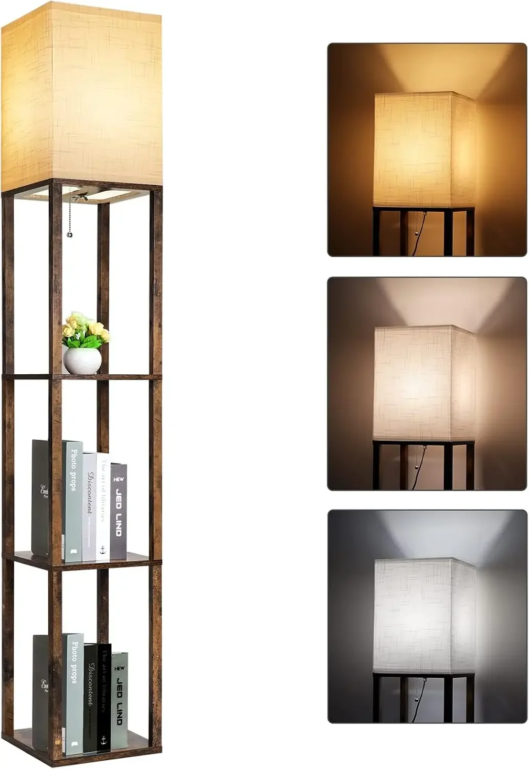 

RUNTOP Floor Lamp with Shelves, Modern Shelf Lamp for Display Storage, 3 Color Temperature Wood Narrow Standing Corner Lamp