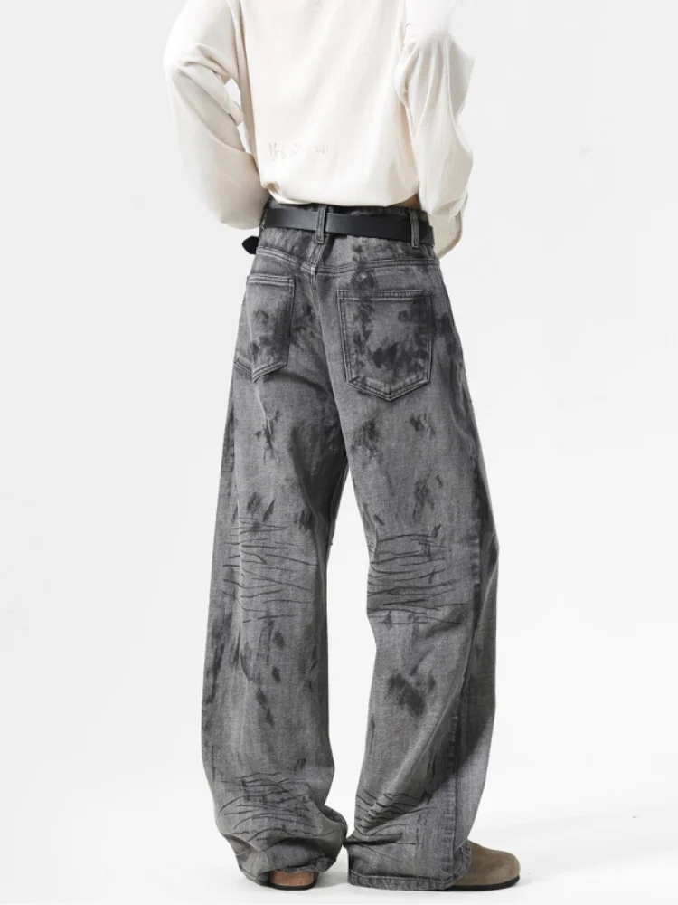 

Washed Tie Dye Men's Jeans American Retro High Street CleanFit Straight Leg Micro Flared Pants Spring Autumn Style Loose Fit