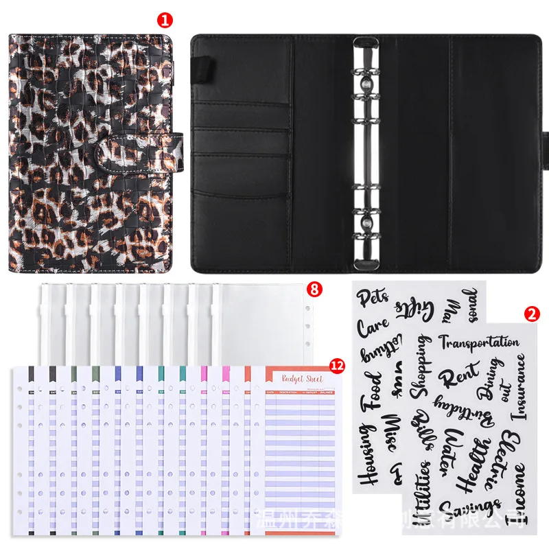 Trendy Leopard A6 Budget Binder PU Leather Cover Multi Pockets Card SlotsLeaf Notebook Cash Saving Planner Hand Journal