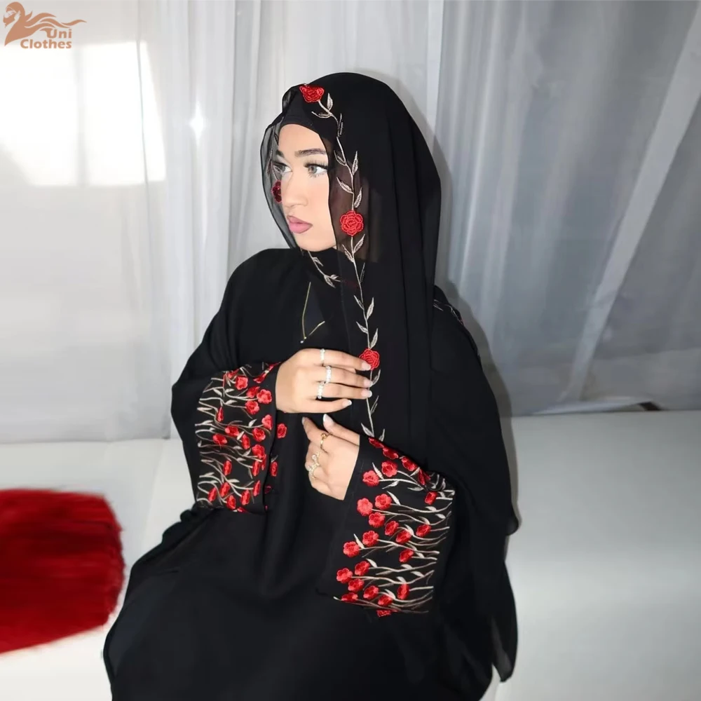 

Uni Embroidery Dubai Abaya 2025 Modest Open Abaya with Matching Hijab Abaya Women Muslim Dress Islamic Womens Clothing